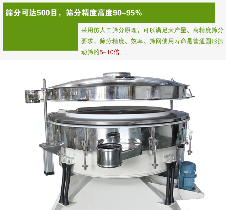 搖擺篩分機(jī)采用仿人工篩分原理，可以滿足大產(chǎn)量、高精度篩分 要求，篩分精度、效率、篩網(wǎng)使用壽命是普通圓形振 動(dòng)篩的5-10倍