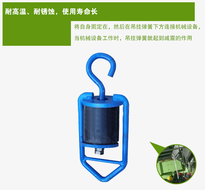 吊掛彈簧將自身固定在，然后在吊掛彈簧下方連接機械設備， 當機械設備工作時，吊掛彈簧就起到減震的作用