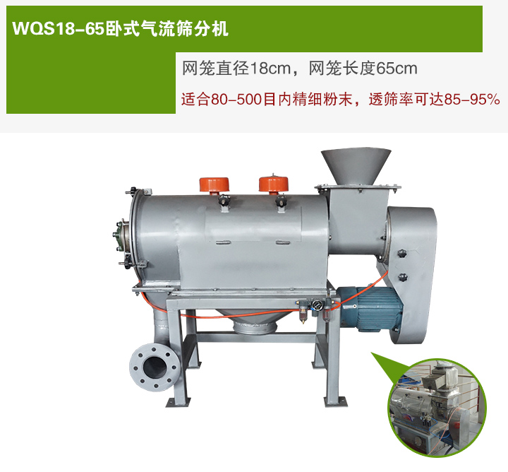 WQS18-65臥式氣流篩分機(jī)網(wǎng)籠直徑為18cm，網(wǎng)籠長(zhǎng)度為65cm