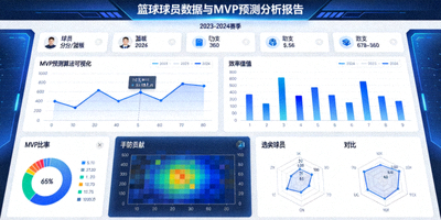 篮球数据分析报告图表展示 - 屏幕上展示复杂的球员数据图表与MVP预测算法可视化结果